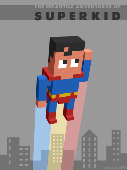 Poster design for an imaginary comic book, showing a cute voxel-style Superboy flying through the sky, with a 2D city skyline in the background.