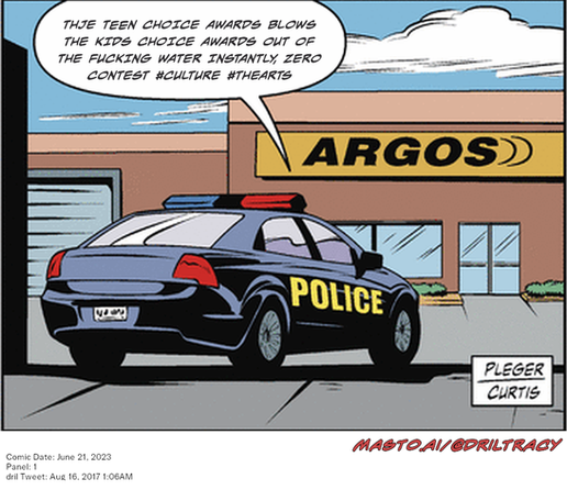 Original Dicktracy comic from June 21, 2023

-------------
Dril Tweet
Aug 16, 2017 1:06AM
-------------
Url
https://twitter.com/dril/status/897685895490482176
-------------
Transcript:
• Thje Teen Choice Awards Blows The Kids Choice Awards Out Of The Fucking Water Instantly, Zero Contest #Culture #Thearts