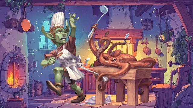Official art for "One-Shot Wonders" on D&D Beyond, featuring a goblin cook in a kitchen being attacked by an octopus wielding a knife and soup ladle.