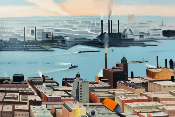 a painting of a german city from several decades ago, buildings alongside a body of water, some boats in the water, some smoke coming from factory smoke stacks, the sky light gold and blue