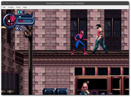 🕶️ A view of its UI (v.1.8.2, on Linux, in windowed mode, with an LCD graphics filter and the ‘higan’ colour profile) with the game ‘Spider-Man - Mysterio's Menace & X2 - Wolverine's Revenge’: Spider-Man finds himself on the ledge of a building facing an all-muscled guy who's not there for fun.

📚️ NanoBoyAdvance is a libre, multiplatform, cycle-accurate Game Boy Advance emulator. It offers very high compatibility and accuracy, better audio quality (with the HQ audio mixer for games using Nintendo's MusicPlayer2000 sound engine), post-processing options (colour correction, LCD graphics filters, xBRZ, etc., LCD remanence simulation, etc.), state saving support (10 save slots), game controllers (buttons and axes can be reassigned, manually selectable gamepad), ROM loading from archives (Zip, 7z, Tar and limited RAR1 support), RTC and sun sensor emulation (for example: for Boktai - The Sun is in Your Hand). A very good emulator!