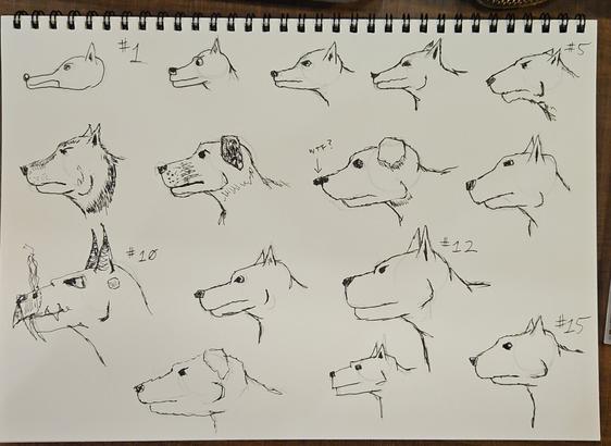 15 iterative sketches of dogs, pen over pencil.