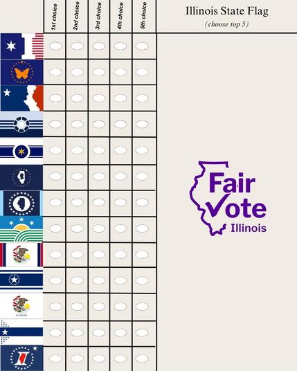 Sample ranked choice voting ballot with options for 13 different flag designs. Voters are asked to select their top 5 choices in order of preference.