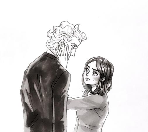 This is an art piece of Clara standing in front of a curly, white-haired Twelfth Doctor with her hand on his face.