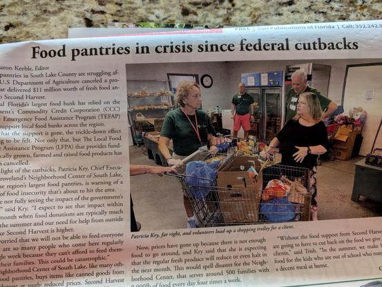 Headline reads food pantries in crisis since Federal cutbacks