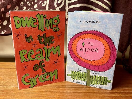 photo of the front and back covers of my zine. 

front is dark pink with green lettering that reads: DWELLING IN THE REALM OF GREEN. A few simple black star-flowers decorate the spaces.

back is an oval flower with three concentric rings, pink, orange, dark pink from center with fine black line work. two large compound green leaves extend horizontally from the short stem. the sky behind is a mottled pale blue. the fine black writing reads: a handbook by elinor for evolved biological intelligences. the l in elinor extends longer than the other  letters and is topped with a small green leaf similar to an elm leaf.

the zines sit on a wooden desk with a red tapestry hanging behind.
