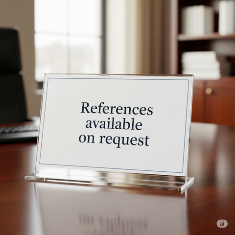 A white sign in a clear acrylic holder on a high-gloss brown table or desk. The black lettering surrounded by a thin black border says “References available on request.” In the background, softly out of focus, there is a keyboard and a high-backed office chair. Further back is a window with the curtain pulled back, letting in diffused sunlight.