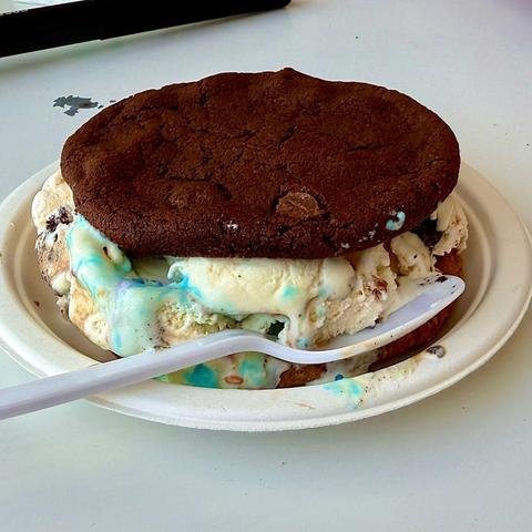 Chocolate chocolate chip cookie sandwich from Cowboy Cookie & Ice Cream. The ice cream visible is Birthday Cake and Elvis (banana and peanut butter).  Delicious. Cookies and the Ice Cream. Worth it.