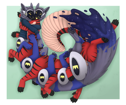 Cyrill and Mister-R's Franz hugging and cuddling laying on each other as taurtrains!