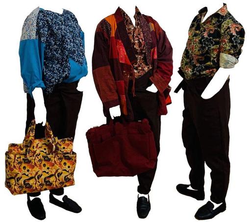 collage of 3 outfits, all worn with the same dark tie-top pants (Papao) and black loafers.

Outfit 1 has a patchwork blueberry body with bright blue sleeves and pocket. The bag is horizontal shaped with a short handle, with a bright yellow/orange/red/black with a self-design marine print featuring eels, cuttlefish, and shrimp.

Outfit 2 is an outer patchwork tie-wrap top in red/purple/orange hues. The inner shirt is a button-up in red/black/yellow/white paisley all-over print, with flower-shaped mother of pearl buttons. The bag is a burgundy roll-top, very short handled, and horizontal shaped.

Outfit 2 features a button-up shirt with flowers and foliage print (eyeballed and recreated from Tsuruno, a video game character from Like a Dragon) and black mother of pearl shell buttons. The sleeves are rolled-up to expose the paler unprinted side.