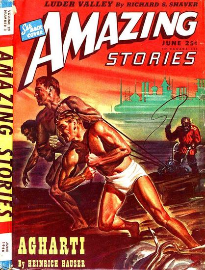Three muscular young men wearing briefs are straining against ropes as they pull a plough across a field, being whipped by a masked figure in red.
Amazing Stories magazine cover from 1946.