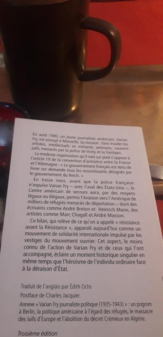 4ème de couverture du livre de Varian Fry, "Livrer sur demande" - Quand les artistes, les dissidents et les juifs fuyaient les nazis (Marseille 1940-1941).
Éditions Agone. 
Traduit de l'anglais (États-Unis) par Édith Ochs.