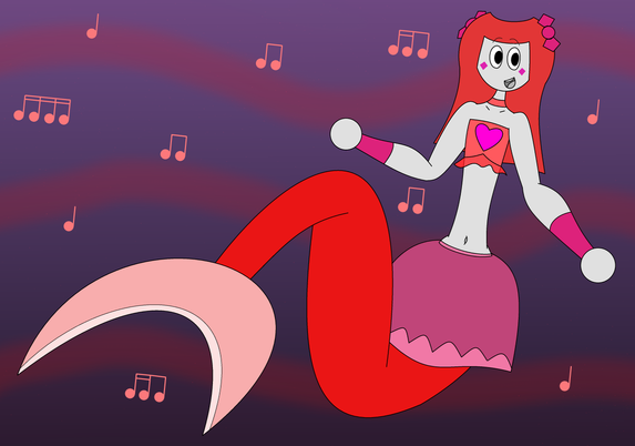 Drawing of Phosphorus as a singing mermaid (music notes scattered all over the purple background, given three faint red lines on it).