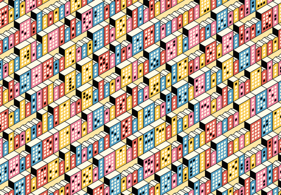 Isometric cityscape. Rows of buildings in front of each other. The buildings have three possible sizes and their façades are either yellow, red, pink or blue. The roofs are white and the side facets are black. They also have square windows, either white or black.