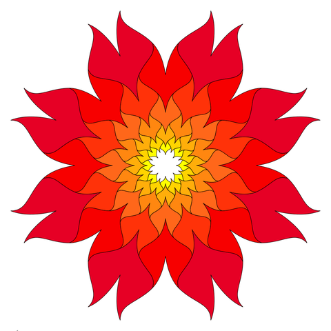 Drawing using curved concave tiles which insert into each other, octagonal symmetry. Colours from yellow to red, resembling fire.