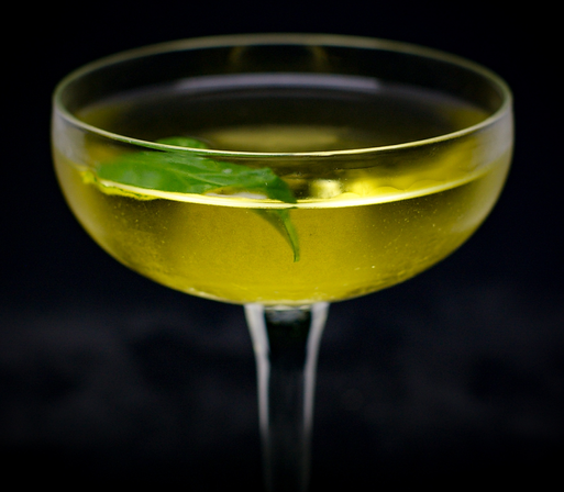 the cocktail itself in a chilled coupe and garnish with a shiso leaf