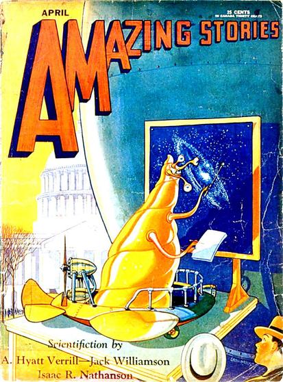 An orange-yellow alien slug-creature, standing on some kind of tiny aircraft, is pointing at a display showing a galaxy with one limb and making notes with pen and paper with two more. Two men in contemporary clothes are looking, one with a shocked expression. What appears to be the US Capitol is visible in the distance.
Amazing Stories magazine cover from 1930.