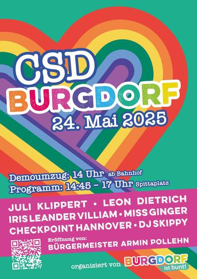 Sharepic von Burgdorf ist bunt zum Christopher Street Day am 24.5.25. Demo startet um 14 Uhr am Bahnhof, Umzug bis zum Spittaplatz. Dort weitere Demo/Kundgebung, siehe Programm.