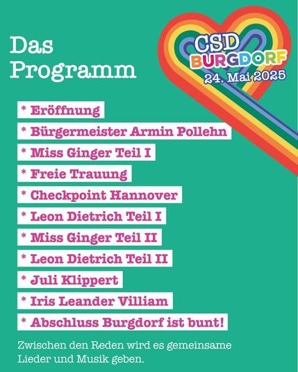 Programm des diesjährigen CSD in Burgdorf mit Redner*innen und weiteren Programmpunkten