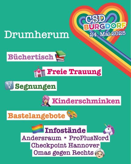 Weiter erwarten euch eine freie Trauung, ein Büchertisch, Bastelangebote, Kinderschminken und Segnungen.