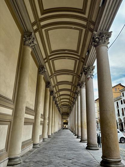 An elegant colonnade with classical columns supports an arched ceiling, leading down a cobblestone pathway. The scene features muted, warm tones and frames a partially visible street at the end, hinting at a bustling urban environment beyond.