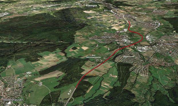 Luftbild der geplanten Straßenführung der B27 im Landkreis Tübingen bei Ofterdingen