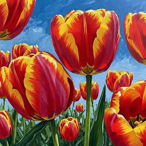Vibrant red and yellow tulips reach towards a bright blue sky, creating a lively and colorful spring scene.