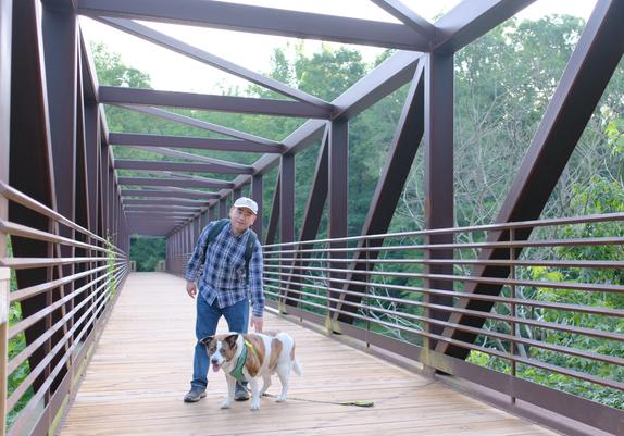 A man in a blue plaid shirt standing on a pedestrian bridge, leaning a little to reach for his white and brown dog as the man dropped the leash