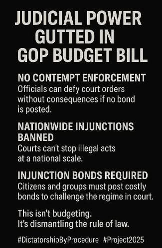 A graphic describing how the proposed budget bill removes funding for federal injunctions and therefore all checks on the federal governments executive branch.