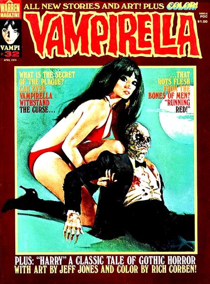 The character Vampirella kneels, supporting a supine figure with a mutilated face who is wearing a tuxedo.
Vampirella magazine cover from 1974.