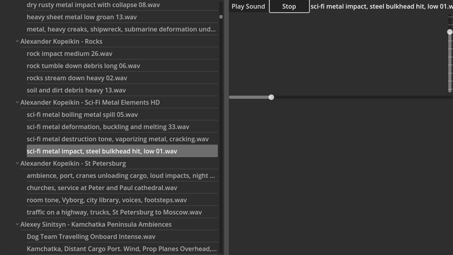A Godot UI showing a long list of sound files on the left and controls to play the sound on the right with a conspicuous blank area that should have a visual of the sound but doesn't (yet)