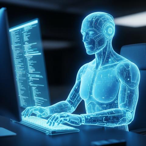 Eine als Hologramm dargestellte KI sitzt an einem Computer und schreibt ein Computerprogramm, dessen Code auf einem Computerbildschirm zu sehen ist.