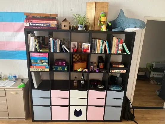 5x5 black IKEA Kallax cupboard. The bottom two rows are filled with inserts forming a trans flag: light blue, pink, white, pink, light blue. The bottom row is cabinet doors except for the center element, which is a cat cubby with an opening in the shape of a cat head. The second row from the bottom is filled with drawer elements with two drawers each. One cubby contains my router, cobbled together NAS consisting of a Raspberry Pi and two USB HDDs as well as my iPad that is charging. On the top row there are books, leftist books on the left, game related books on the right, and at the top in the center is a little shrine to my dearly departed aunts with two candles. Second row from the top is filled with boardgames. On top of the cupboard is a stack of games that are too big to fit in a cubby, a spider plant, a go board, a large Blåhaj, a Donatello plushie that I'm fostering until my kiddo can pick him up, and a MiniPud. There's a lot more to describe but this is already lengthy enough. 😁