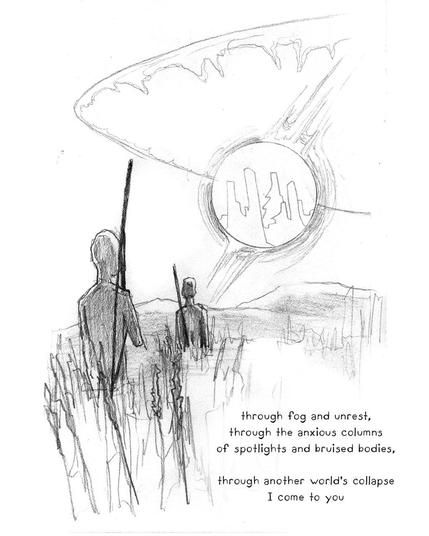 A drawing in a sketchbook, showing two figures walking through tall grass away from the viewer. In the distance we can see low mountains, and then some kind of portal floating in the sky. Within the portal, there is a hint of some kind of vertical formations, like a city or great trees.