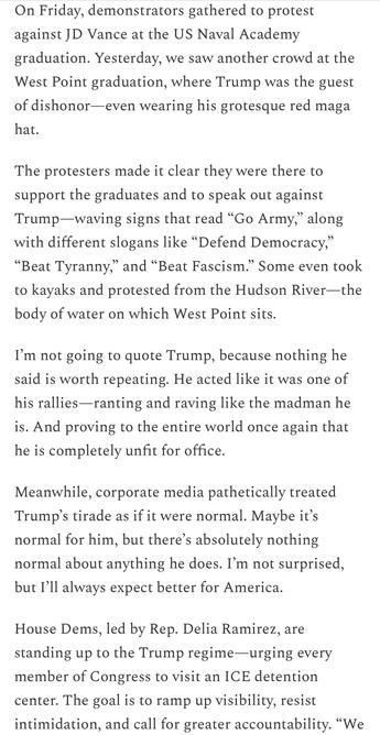 The image features text discussing protests against JD Vance at the US Naval Academy graduation and against Trump at the West Point graduation. It highlights demonstrators supporting the graduates, with messages like "Go Army" and slogans against tyranny and fascism…