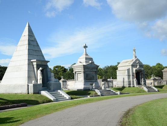 Fancy modern crypts, including a steep pyramid