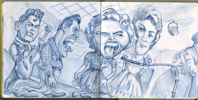 Blue pencil drawing in sketchbook of a nashville recording session in the mid 20th century. Some distortion of proportions.