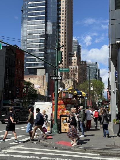 Wider shot of the lamp post showing a busy street with pedestrians and a food cart