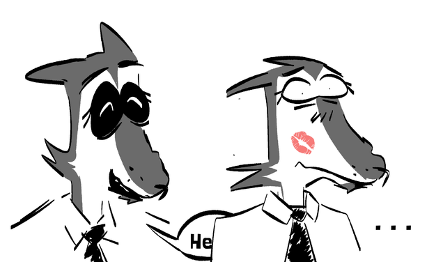 Ben, a wolf guy in office suit attempts to say "Hello" and it's implied by kiss mark on his cheek that he got interrupted by sudden kiss that left him flustered