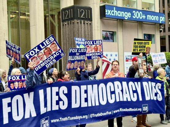 A group of protesters in front of FOX Headquarters in NYC May 24, 2025.