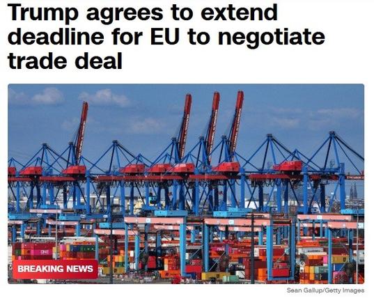 A picture of CNN website page entitled "Trump agrees to extend deadline for EU to negotiate trade deal" and pictures an active shipping port