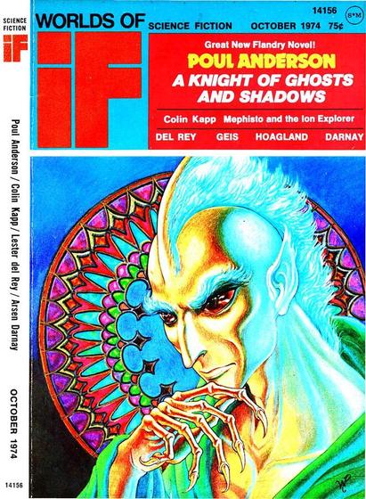 A humanoid creature with a crest of hair, long pointed ears, large pupil-less eyes and six long skeletal fingers rubs its chin thoughtfully against a mandala background. The whole image is in very bright colours, mostly electric blue and green.
Worlds of IF magazine cover from 1974.