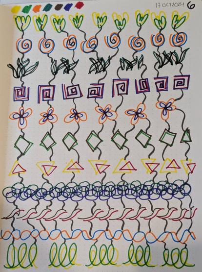 Drawing of circles, squares, triangles and some random lines in yellow, green, orange, brown, blue and red colors