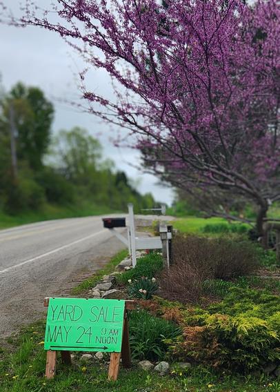 A photo of our Yard Sale sign, bright green, sitting at the front of our property.  The 2 lane road is on the left, and a garden bed with a blooming Redbud tree is on the right.
