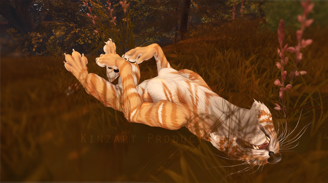 Screenshot from Second Life of a KZK Direcat, patterned like a golden tabby tiger, lounging in an autum forest upside-down