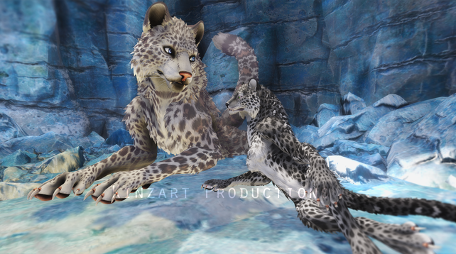 Screenshot from Second Life of two KZK Direcats, both styled to be snow leopards, sitting in an icy cave, looking at each other. One is markedly larger than the other