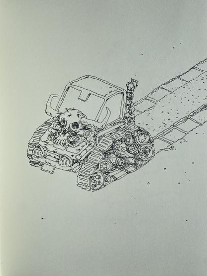 Dibujo en tinta de un vehículo, con llantas de tanque. En el capó del vehiculo hay un craneo de una res y la forma del vehiculo es compacta y abatida