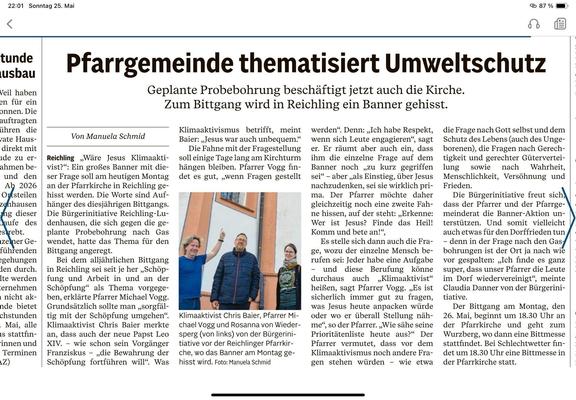 Zeitungsausschnitt "Pfarrgenmeinde thematisiert Umweltschutz  Landsberger Tagblatt - Mal sehen, wie der Bittgang dann wird. Hoffentlich Regenfest ...