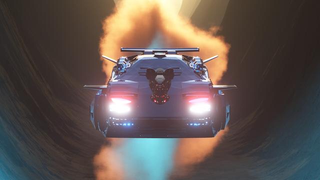 A Countach-inspired hovercar covered with sensors and fins rocketing through a valley, its thrusters lighting the rising dust with a pale blue light.