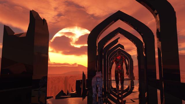 Two metallic figures, one human and one canine, crossing a ruined stone bridge.  An outsized sun lights the clouds orange and red, suggesting a planet in the future, and the many challenges of life near a dying star.